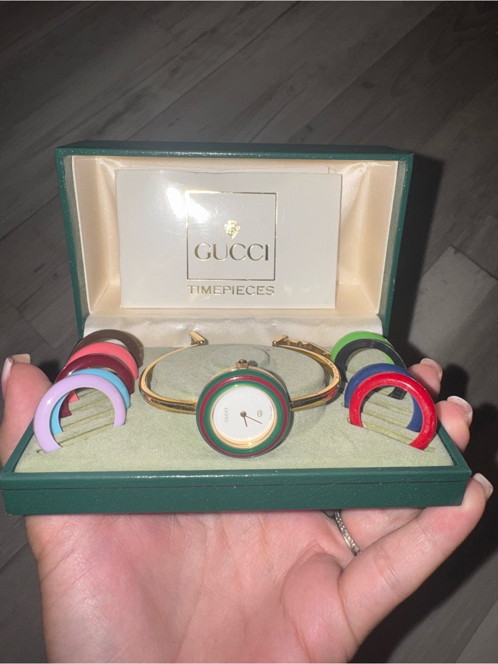 Gucci Gold Bangle Watch with Interchangeable Colored Bezels - Green/Red/Blue
